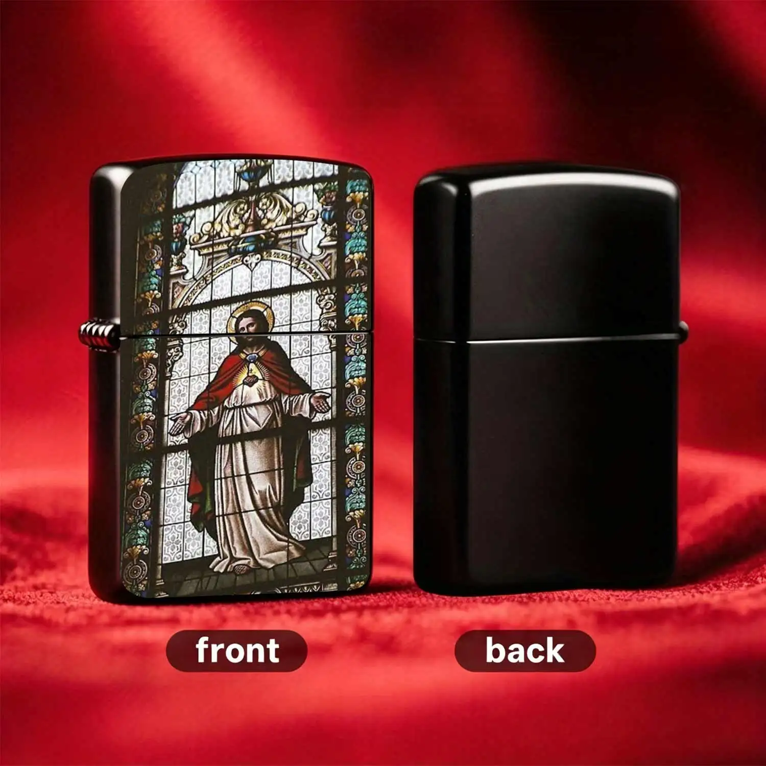 Vintage Sacred HeArt of Jesus Stained Glass Pattern  Flip-top Windproof  Lighter Refillable Classic Pocket  Exquisite Religious ThemedDesign Portable Durable Ideal for Daily Useand Gift-giving Humorous and Fun Lighter