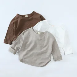 Camisa de fondo lisa con cuello redondo para niños, camiseta informal Simple de manga larga, Tops de algodón para niños, camisetas únicas para niños, otoño