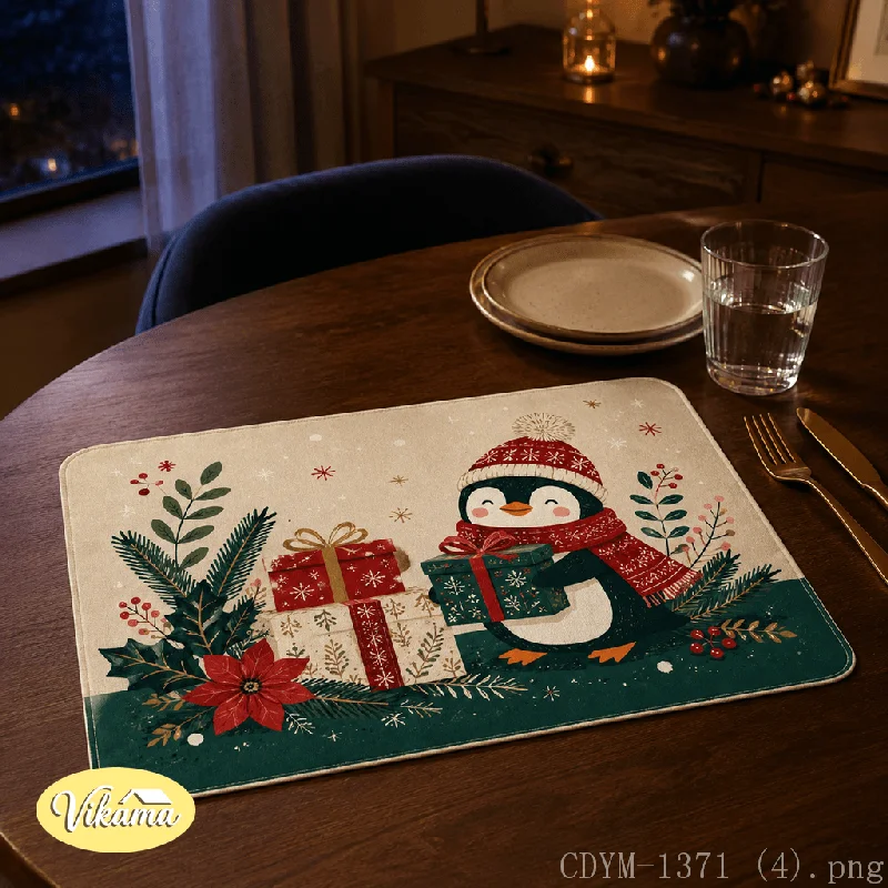 VIKAMA Christmas Placemat Penguin Gift Box Print, Waterproof Oil-Proof Heat-Resistant Non-Slip Holiday Table Mat