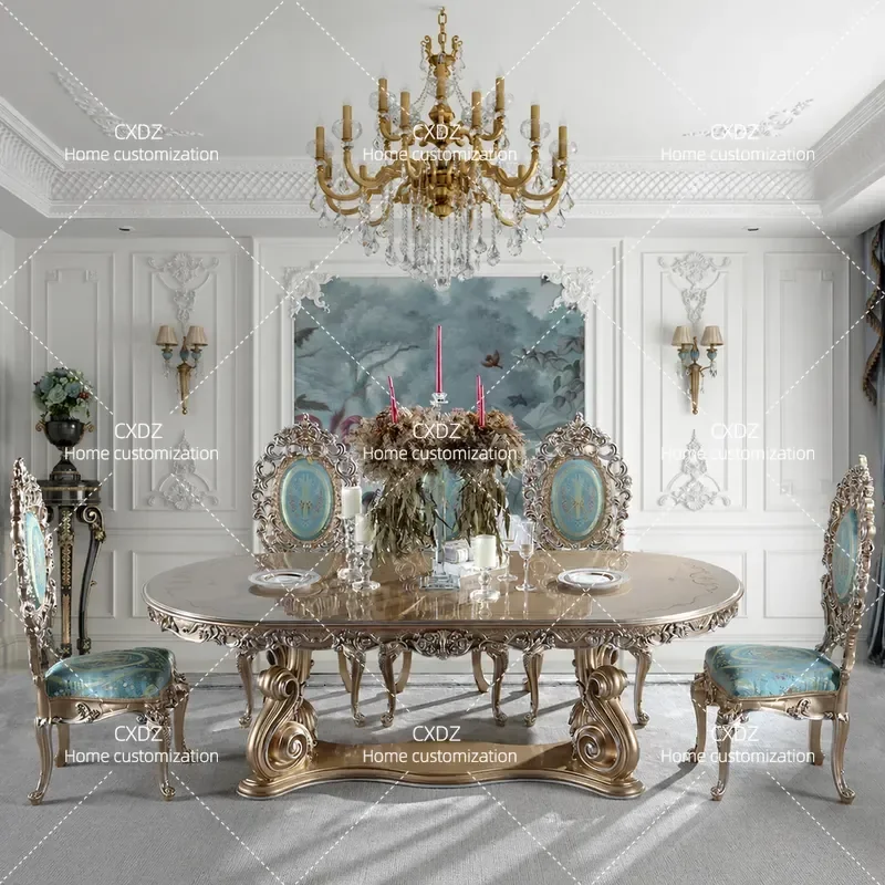 French Style Dining Table and Chair Set 1.9m 2.2m European Luxury Villa Classical Solid Wood Dining Room Furniture