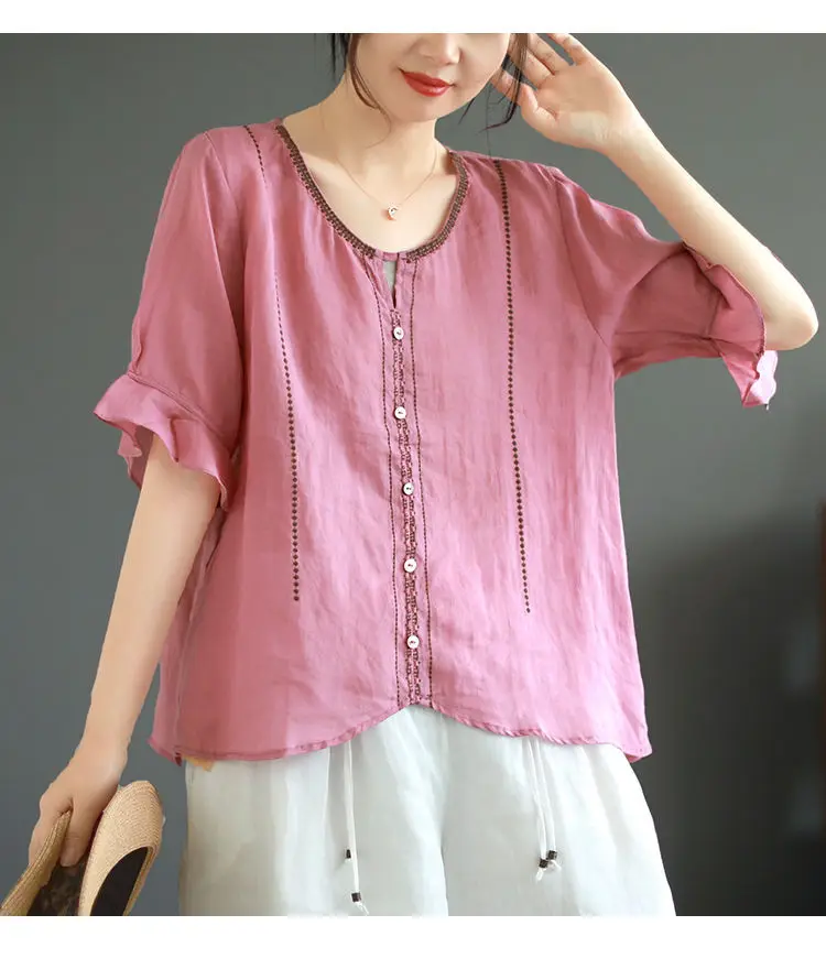 

Summer thin elegant literary retro commuting style rose red women's plus size linen V-neck loose exquisite embroidery top
