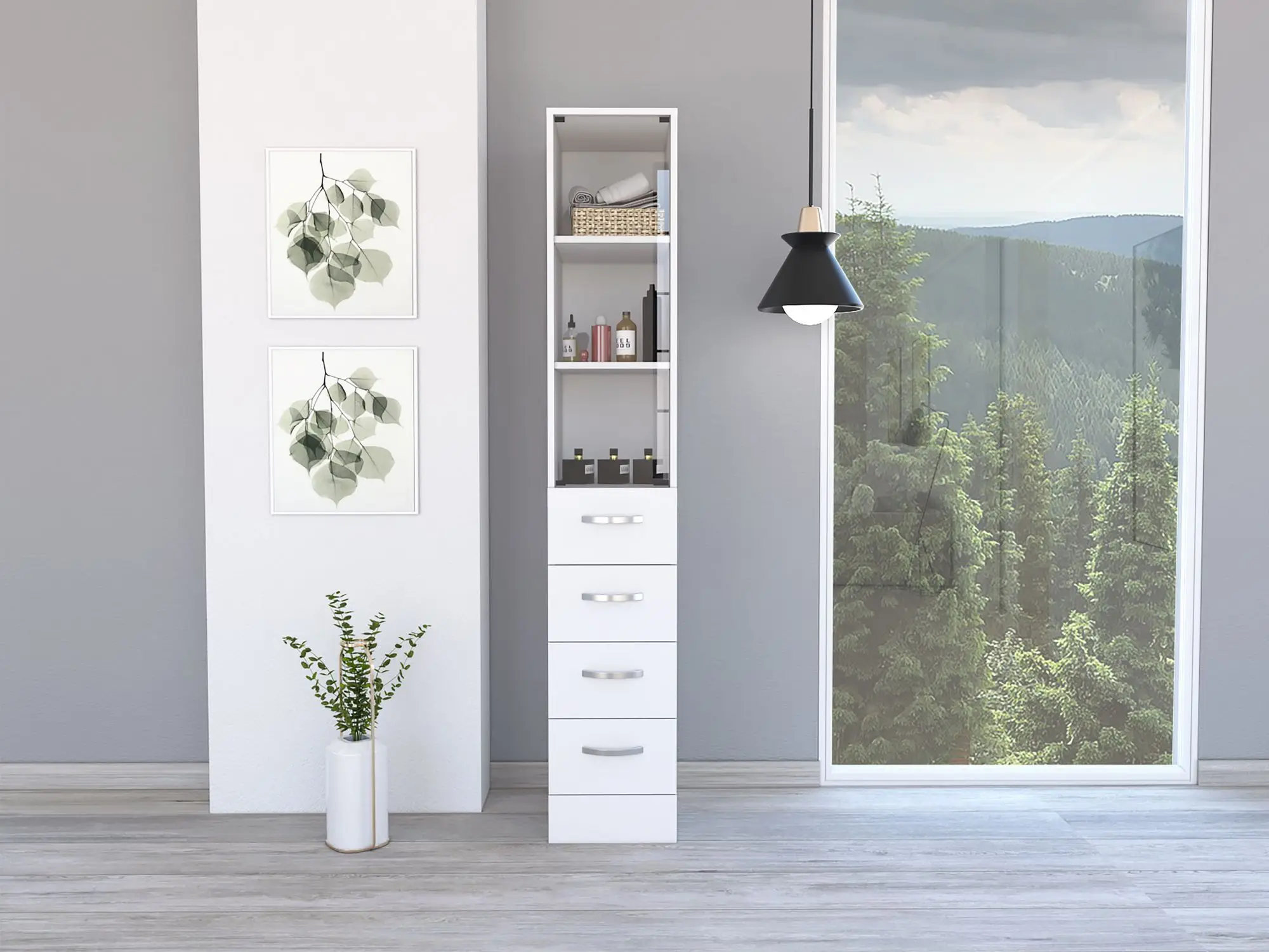 

Vanguard Linen Cabinet; Three Shelves; Four Drawers -White