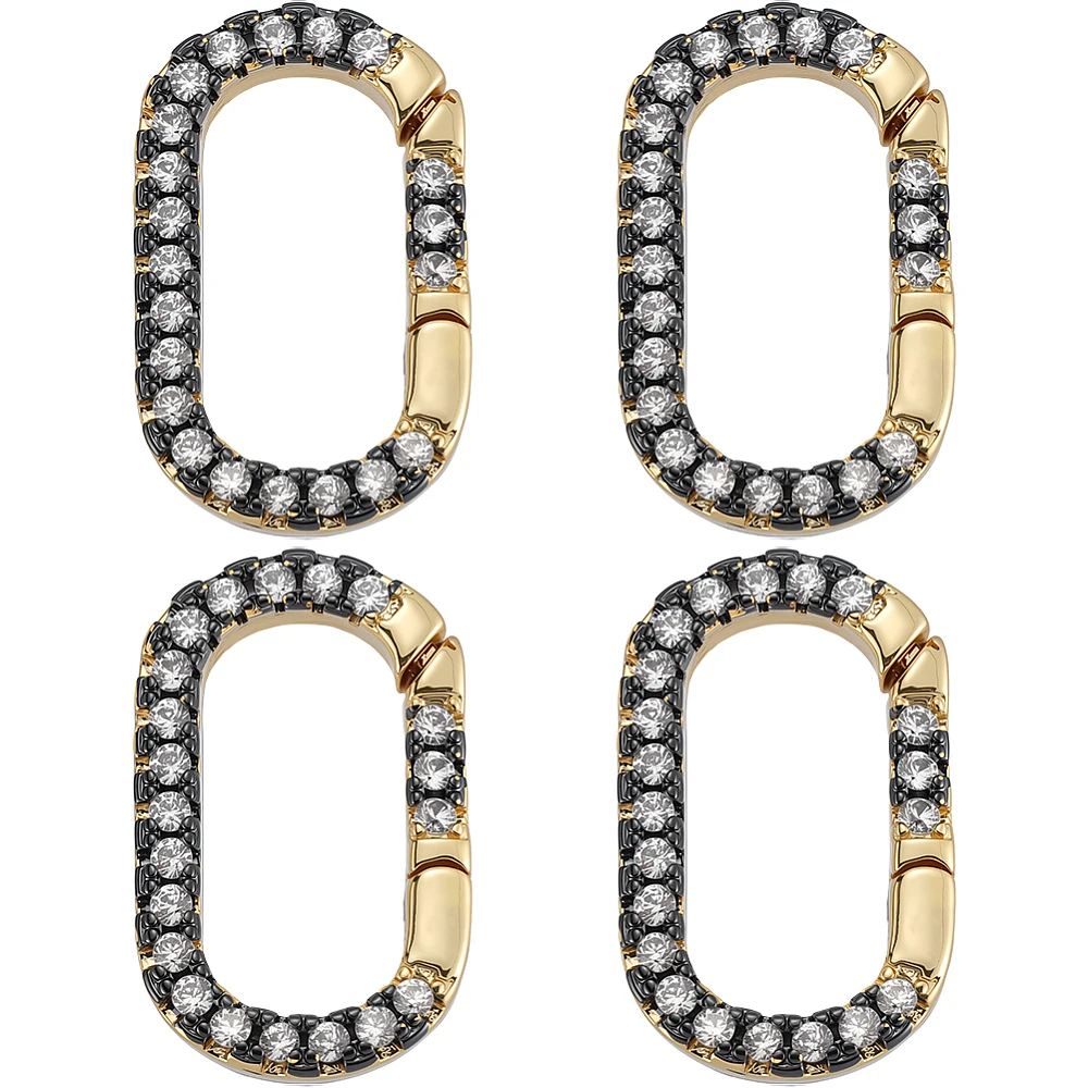 1 Box 4Pcs Real 18K Gold Plated Brass Oval Ring Clips Spring Gate Ring Clasp Black Clear Cubic Zirconia Closures Connector Clamp