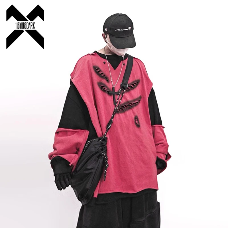 

Hip Hop Distressed Patchwork Sweatshirt Vintage American Fake Two-Piece Pullover Oversized Long Sleeve Sweat Shirt Streetwear
