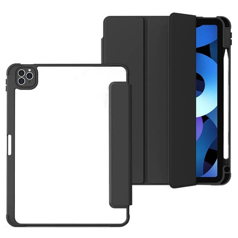 Tri-Fold Acrylic Case for iPad Pro 11 2024 with Pencil Holder Auto Wake Sleep Shockproof Clear Hard Back Cover