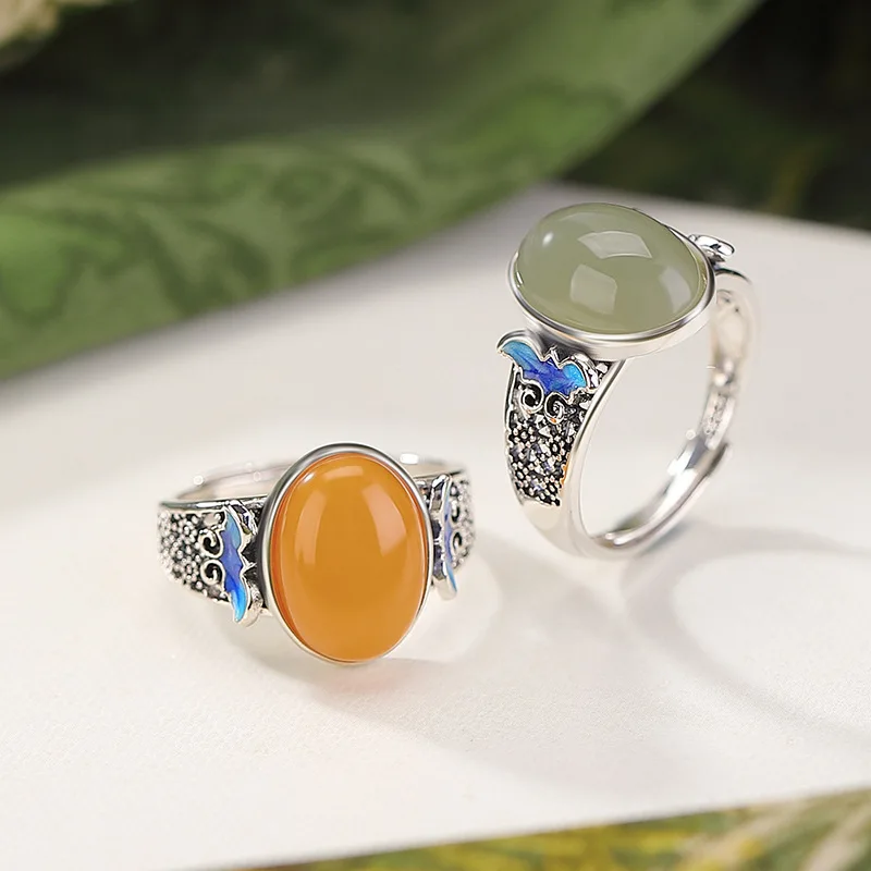 

S925 Sterling Silver Hetian Jade Amber Enamel Cabochon Ring