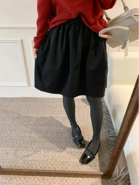 

Korean Sle Elastic Waist Polka Dot Woolen A-Line Skirt Women's Autumn Winter Faion Casual Stand Fit Skirt