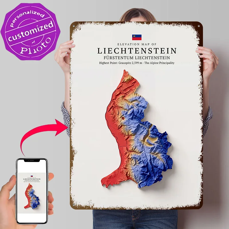 Elevation Map of Liechtenstein Metal Poster Perfect Gift for Fans Lovers Personalized Wall Art Metal Sign for Room Decor House
