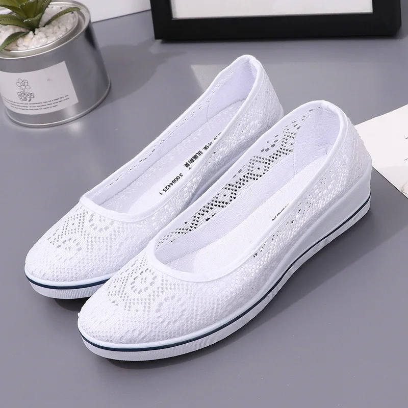 White Lace Hollow Breathable Little White Shoes Flat Mid Wedge Heel Women's Summer Beauty Shoes Size 34-41 White Sneakers Women