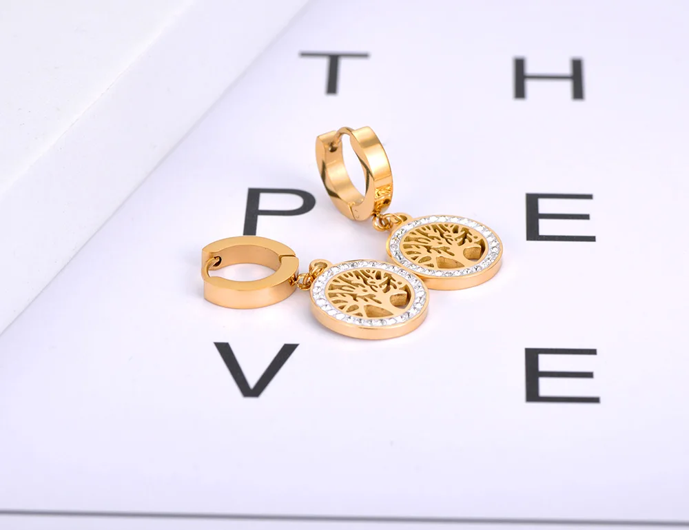 Lokaer 18K Gold Stainless Steel Bohemia Party Hoop Earrings Fashion CZ Crystal Tree Earrings Jewelry For Women Серьги E21029