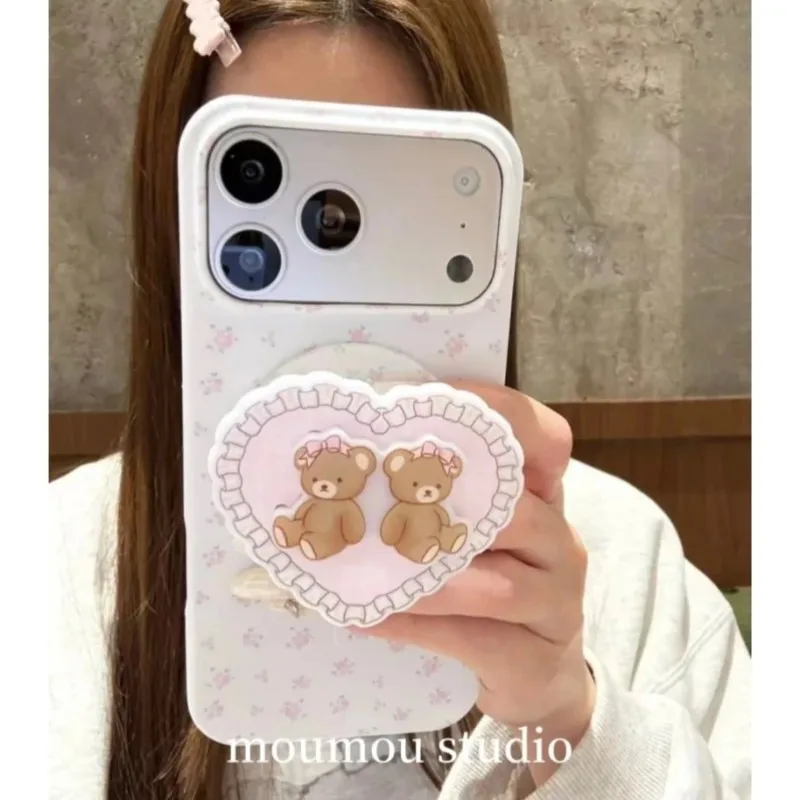 

Милый кружевной мишка-держатель для телефона с магнитным креплением, эстетичный расширяемый держатель для MagSafe, подходит для всех смартфонов