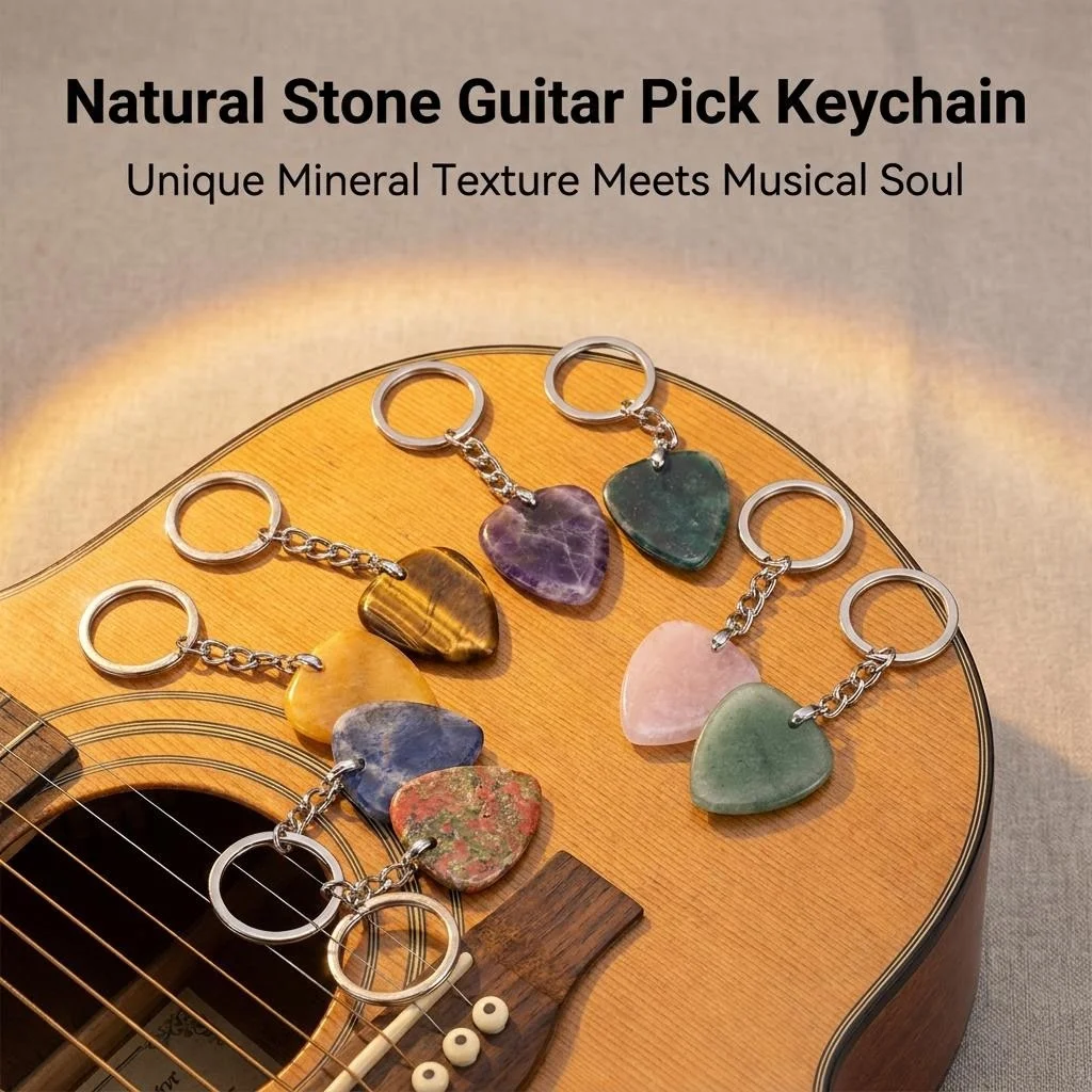 Natural Gemstone Guitar Pick KeychainTeardrop Stone Plectrum Key Ring Music Themed Keychain & Guitarist Gift