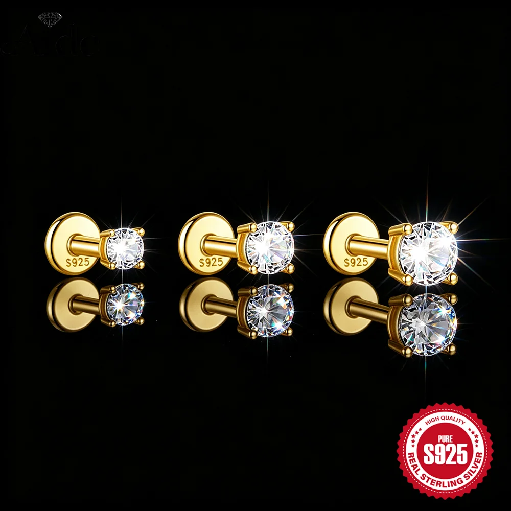 AIDE 925 Sterling Silver Classic  Four claws 3mm Zircon for Women Flat Back Internal Thread Hypoallergenic Piercing Earring