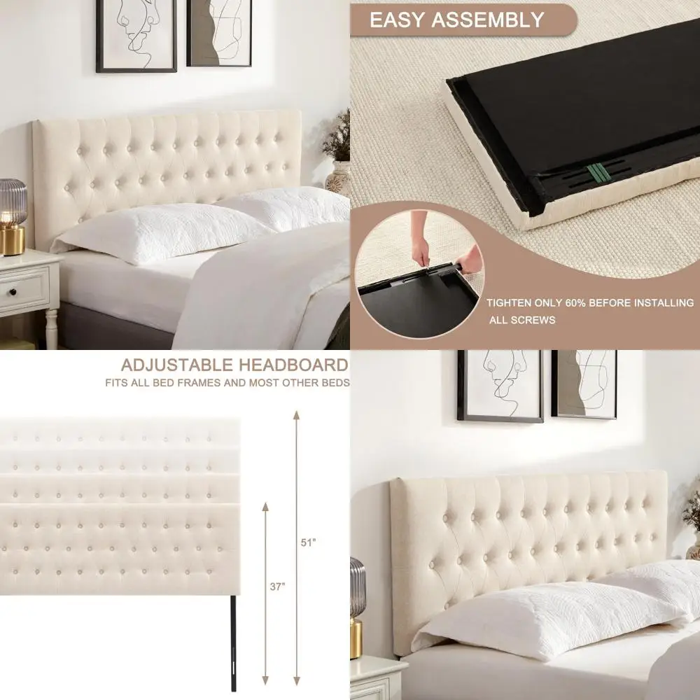 لوح رأسي منجد معنقدة بحجم XL بالكامل، خشب متين بأرجل معدنية، لوح رأسي بارتفاع قابل للتعديل لأسرة XL كاملة