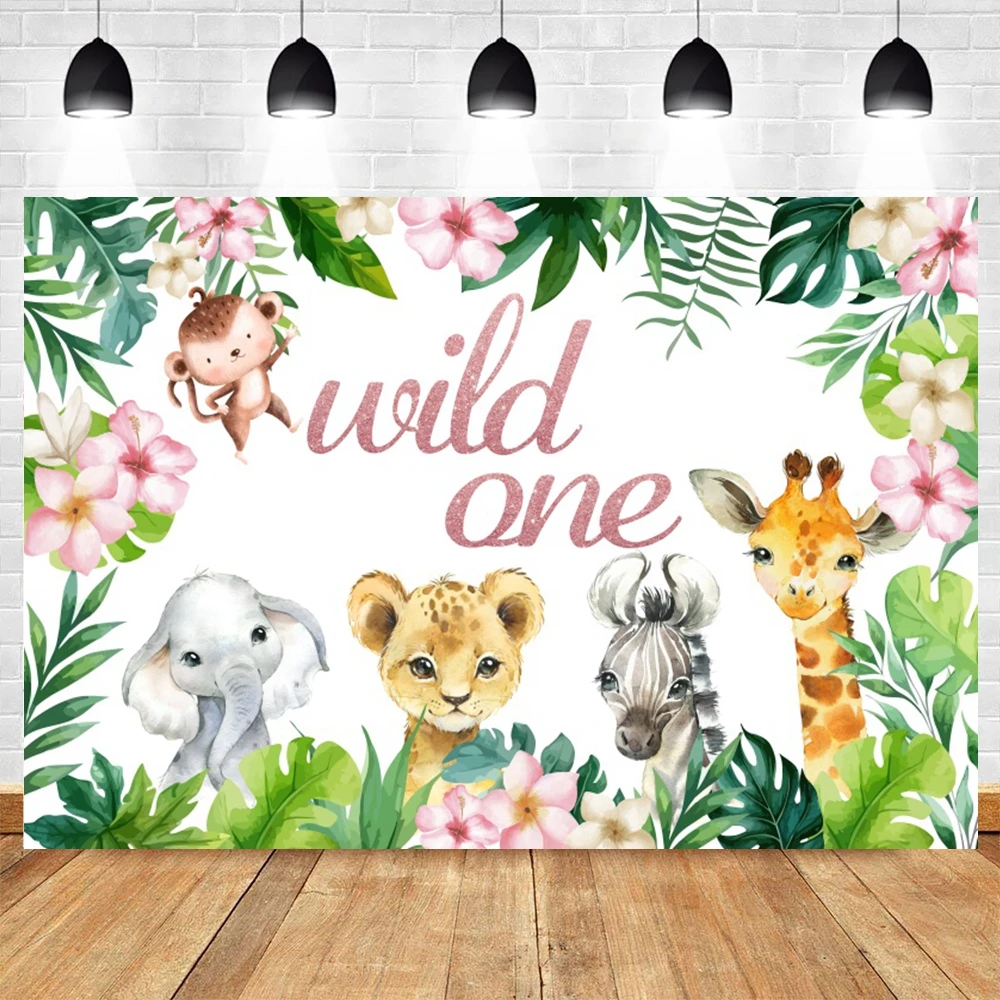 Safari Animals Backdrop Tropical Jungle Forest Green Leaves Wild One Baby Shower Birthday Party Photography Background Decor