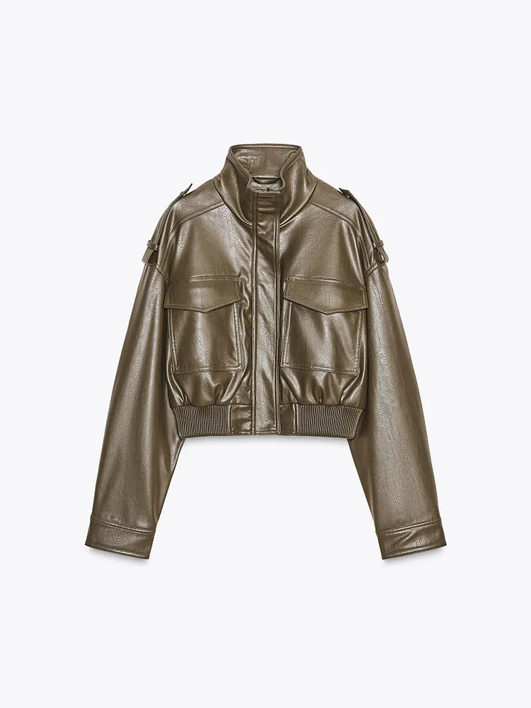 Novo outono feminino motociclista jaet ort falso couro longo sve gola com zíper ket outerwear casual sle suporte ajuste