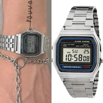 F91w relógio de banda de aço inoxidável luxo à prova dwaterproof água retro digital esporte militar relógios unisex relógio de pulso eletrônico presentes
