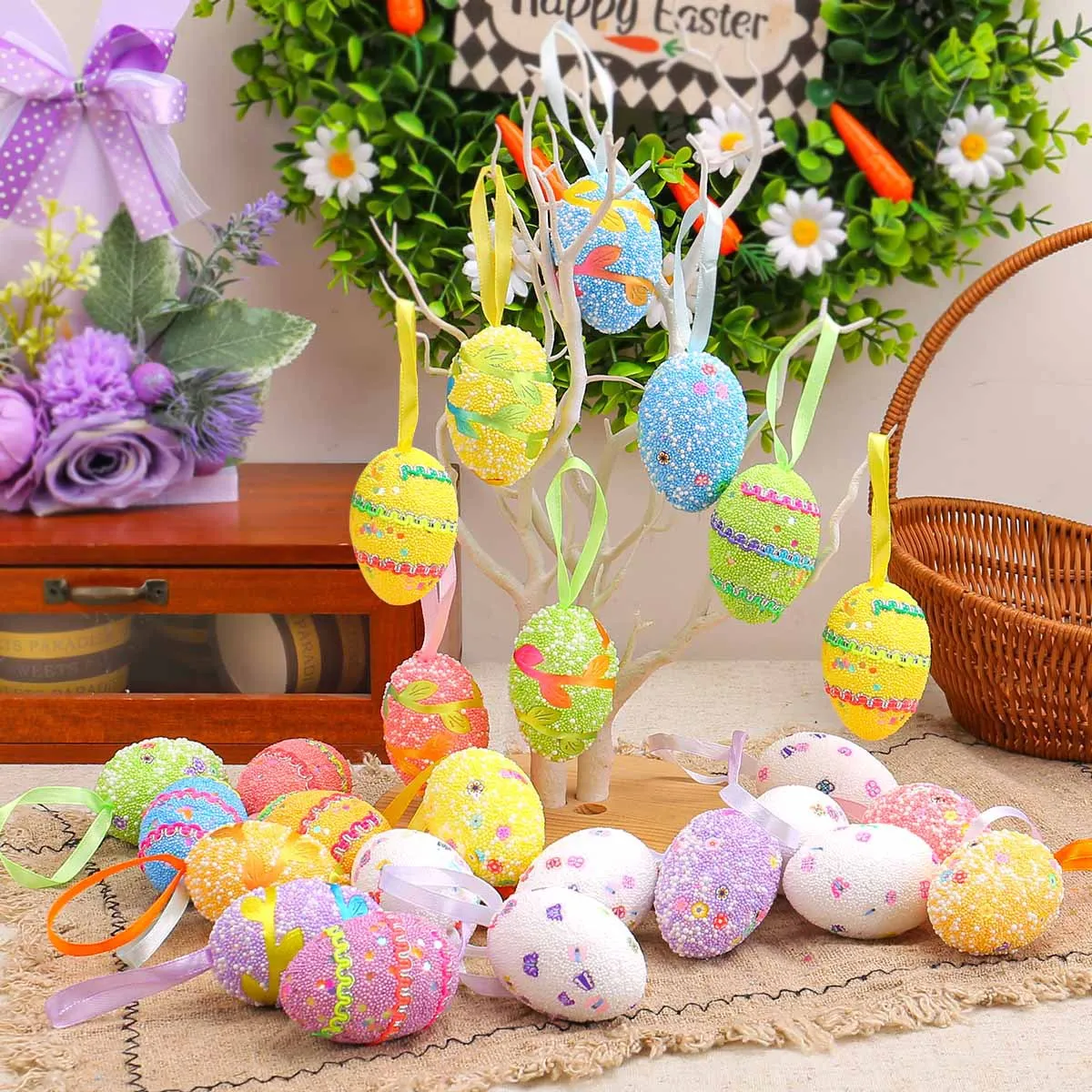 

6pcs Painted Foam Easter Eggs Rabbit Hanging Ornaments Decoration for Home Easter Tree Pendants Basket Decor Kids Gift 2025