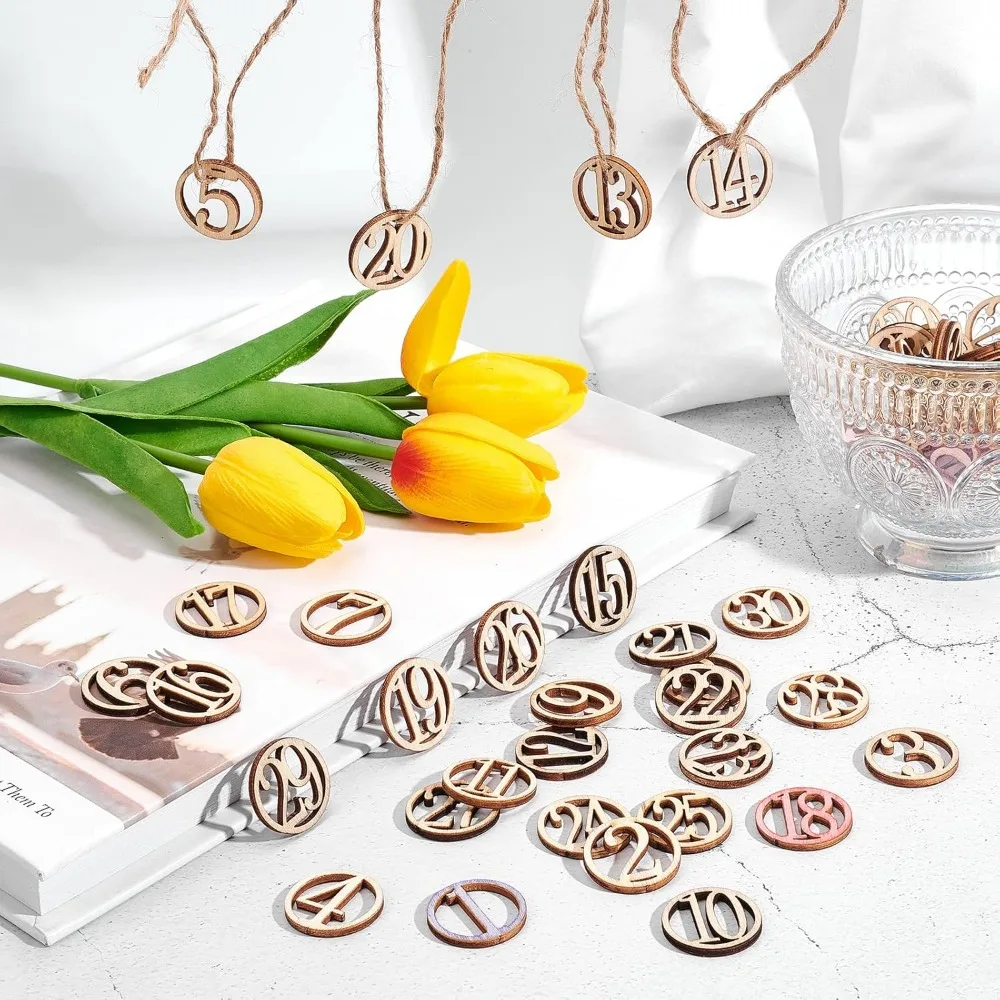 Number Wooden Calendar 1-30 Christmas Countdown Advent Calendar Wooden Number Pendants for Christmas Tree Decoration DIY Crafts