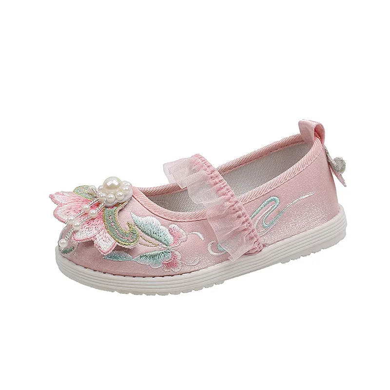 Zapatos planos de tela bordada para niña, zapatillas de princesa para fiesta, Festival Hanfu, estilo chino