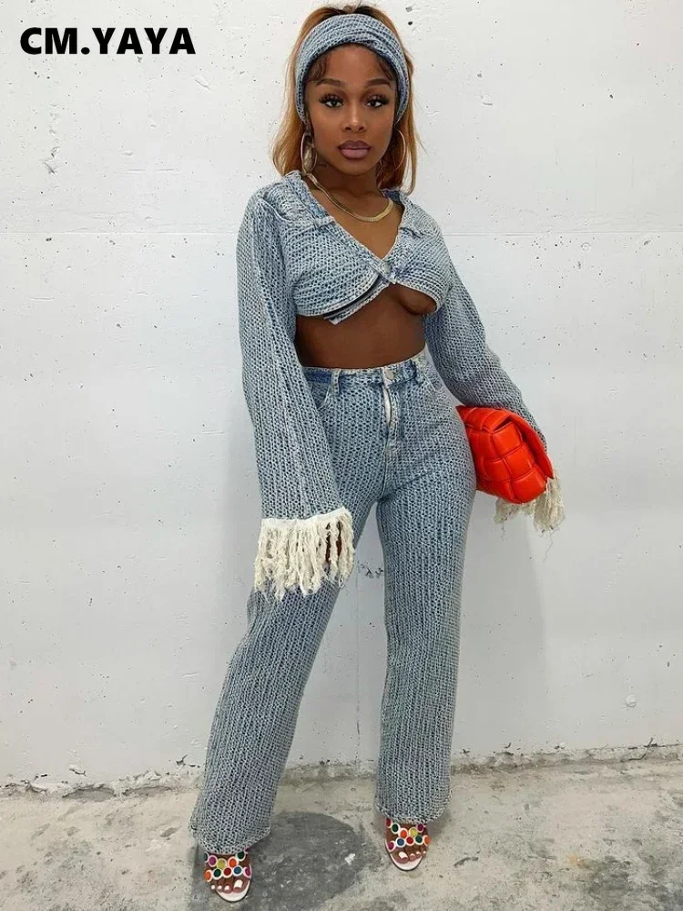 CM.YAYA Fashion Denim Women's Set Tassel Long Sleeve Crop Jean Jackets and Pants with Scarf 2023 Two 2Piece Set Outfit Tracksuit