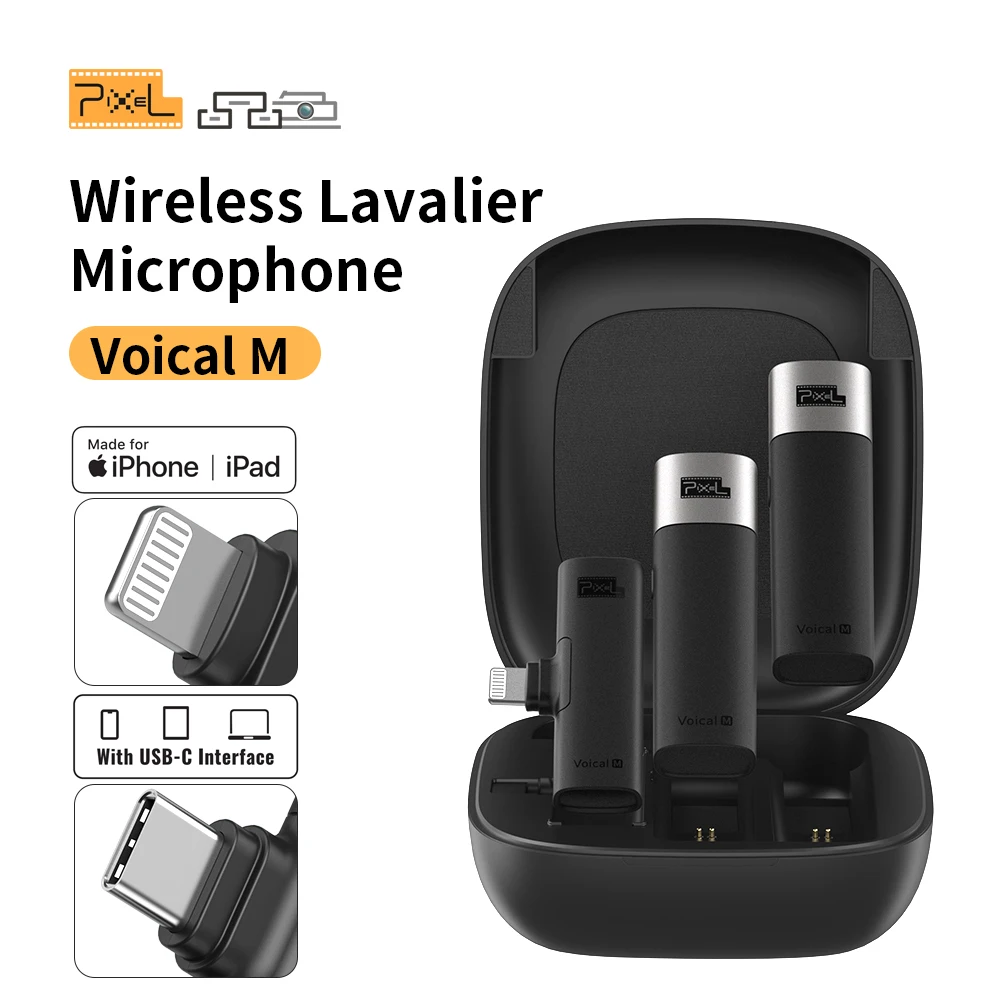 Pixel Voical M ไมโครโฟนลาวาเลียร์ไร้สาย, ลดเสียงรบกวนไมโครโฟนบันทึกเสียงวิดีโอสำหรับ iPhone Type-C พร้อมกล่องชาร์จ