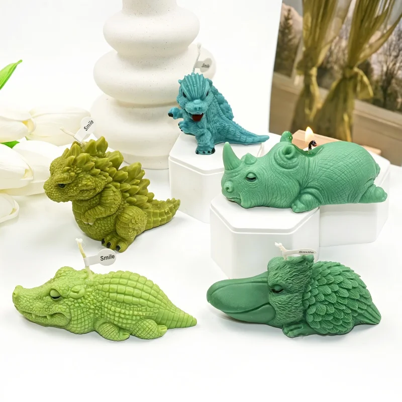 DIY Fierce Crocodile Shaped Silicone Mold 3D Cute Dinosaur Aromatherapy Epoxy Resin Plaster Mold Making Rhinoceros Animal Candle