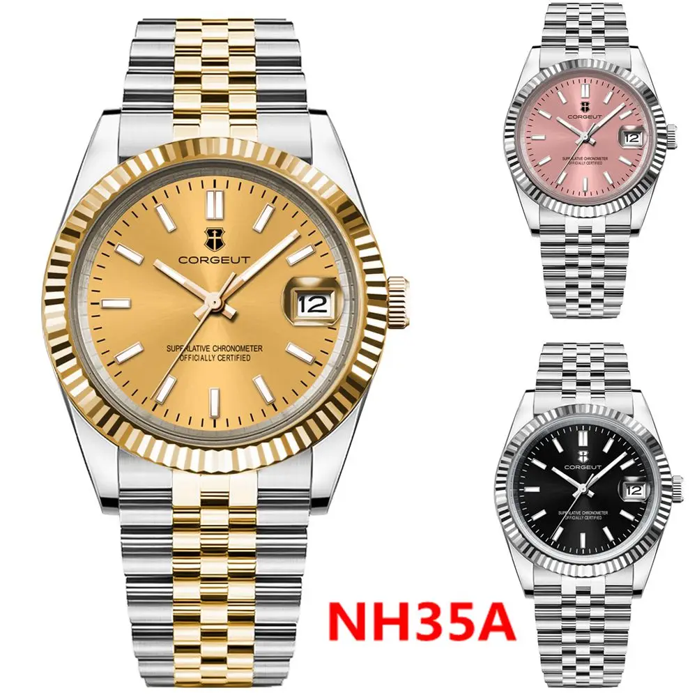 36mm/39mm Luxury Corgeut NH35A Mechanical Watch for Men Women Jubilee Bracelet Automatic Dress Watches Fluted Bezel Sapphire