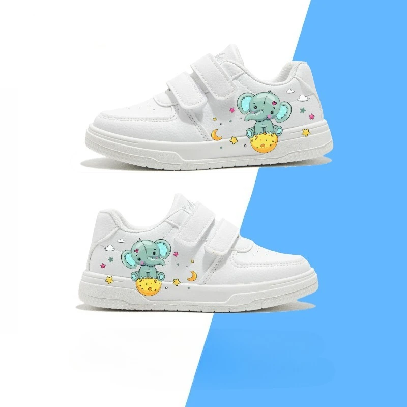 Children Casual Shoes White Color with Cartoon Elephant Prints Fashion Classic Soft Non-slip Boys Girls Skate Sneakers 21-38 New