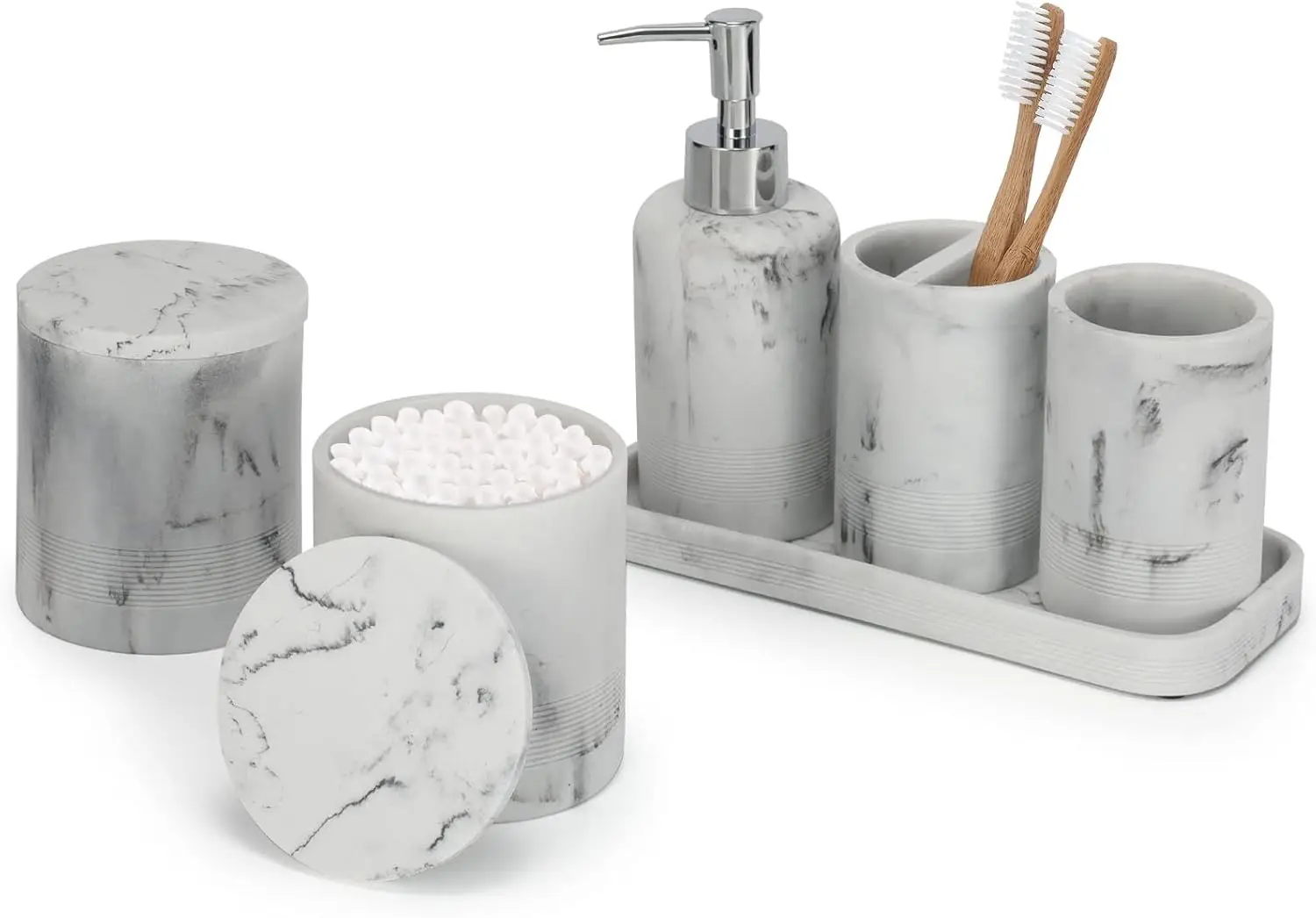

White Marble Bathroom Accessories Set 6 Pieces - Toothbrush Holder, Lotion Dispenser, Qtip Container, Vanity Tray, Tumbler
