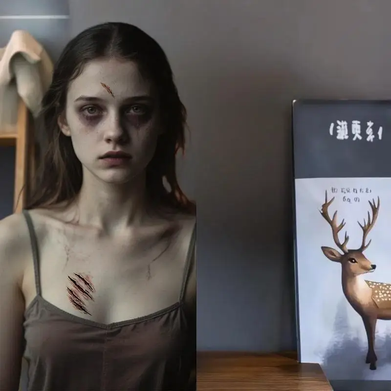 

16 Sheets Halloween 3D Fake Horrible Scar Temporary Tattoos Bloody Wound & Zombie Designs For Face/Body