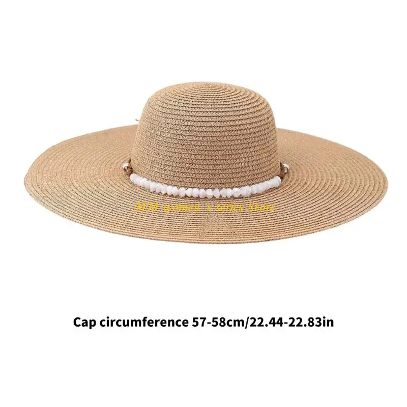 Cappello paglia carta pieghevole Q39C con cravatta regolabile con abbellimento perle per attività all'aperto, vacanze