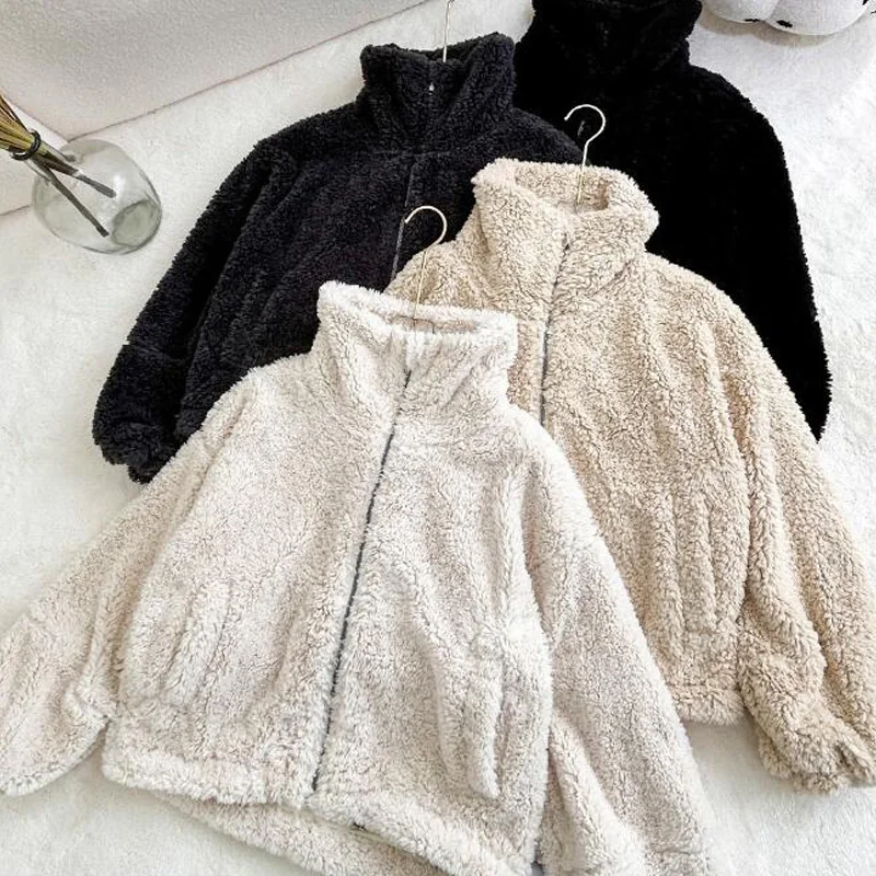 Women Zipper Hooded Jacket Casual Comfortable Warm And Stylish Lamb Plush