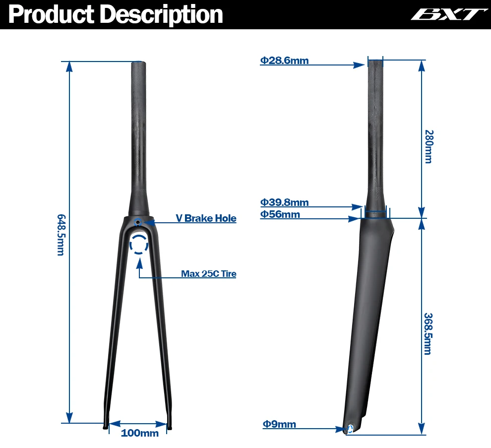 BXT Full Carbon Road Bike Fork, 700C V Brake Fork, QR 100x9mm, Tapered Tube 39.8mm, Fit BXT-045 Track Frame