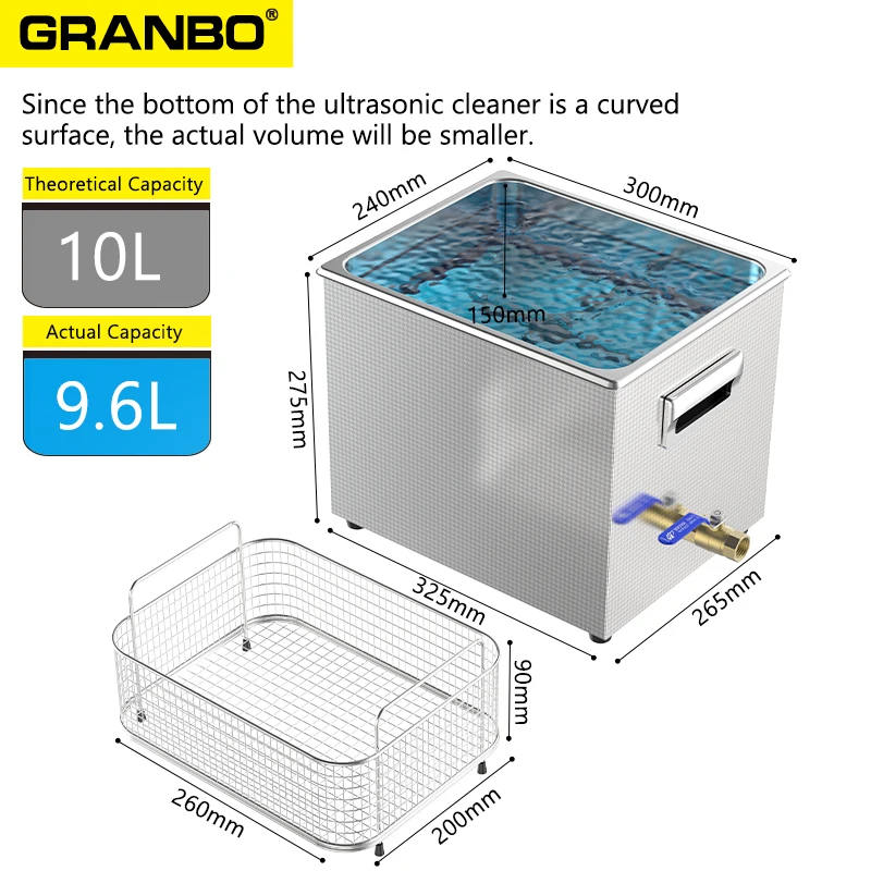 Granbo High Preformance Ultrasonic Cleaner 10L 400W Multi-Frequency 40~120KHz Medical Chemical Lab Appliance