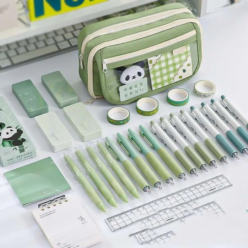 Large Capacity Panda Pencil Cases Multifunctional Portable Cartoon Pencil Case With Front Pocket Panda Stationery Storage Bag