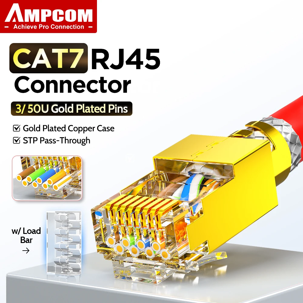 AMPCOM Cat7 RJ45 Connector Pass-Thru STP wtih Load Bar 1.5mm Hole OD, 50u/3u Gold Plated, Gold-plated Copper Case, 6-50 Pack