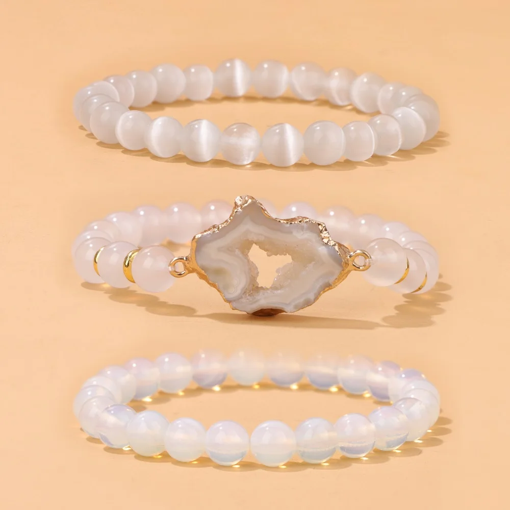 New White 8mm Cat Eye Beads Agates Chalcedony Bracelet Natural Stone Round Beads Bracelet Cluster Charm for Women Men 3Pcs/Set