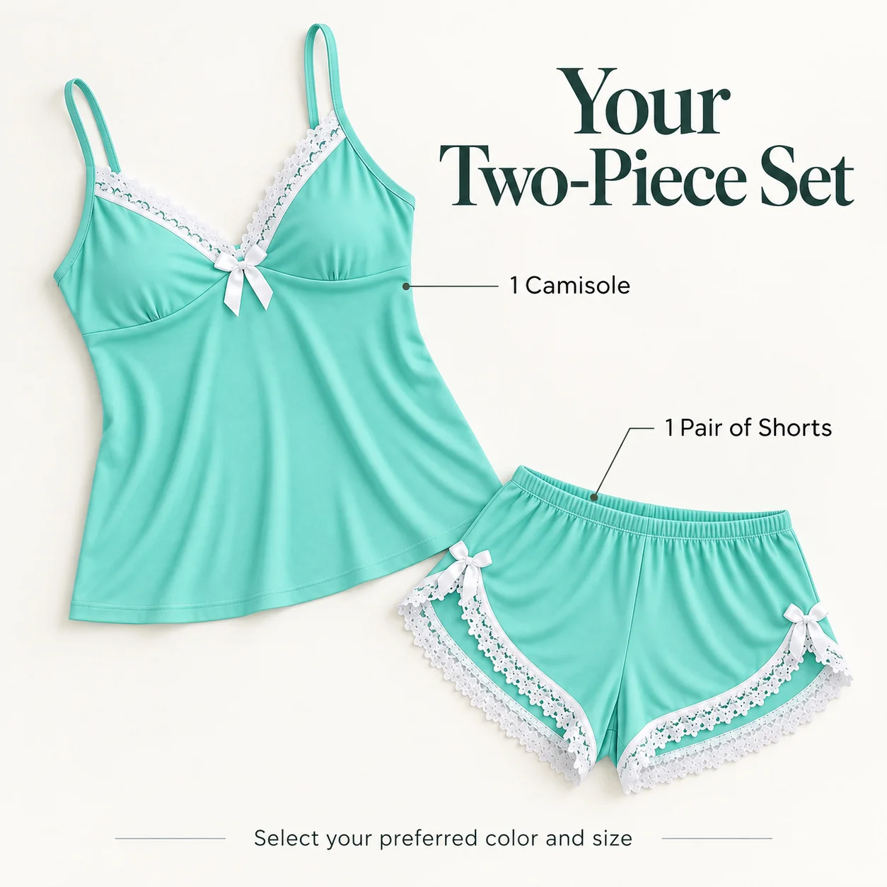 Women's Lace Trim Camisole Shorts Pajama Set, V Neck Bow Detail Sleeveless Two Piece Sleepwear in Solid and Printed Colors gallery 5