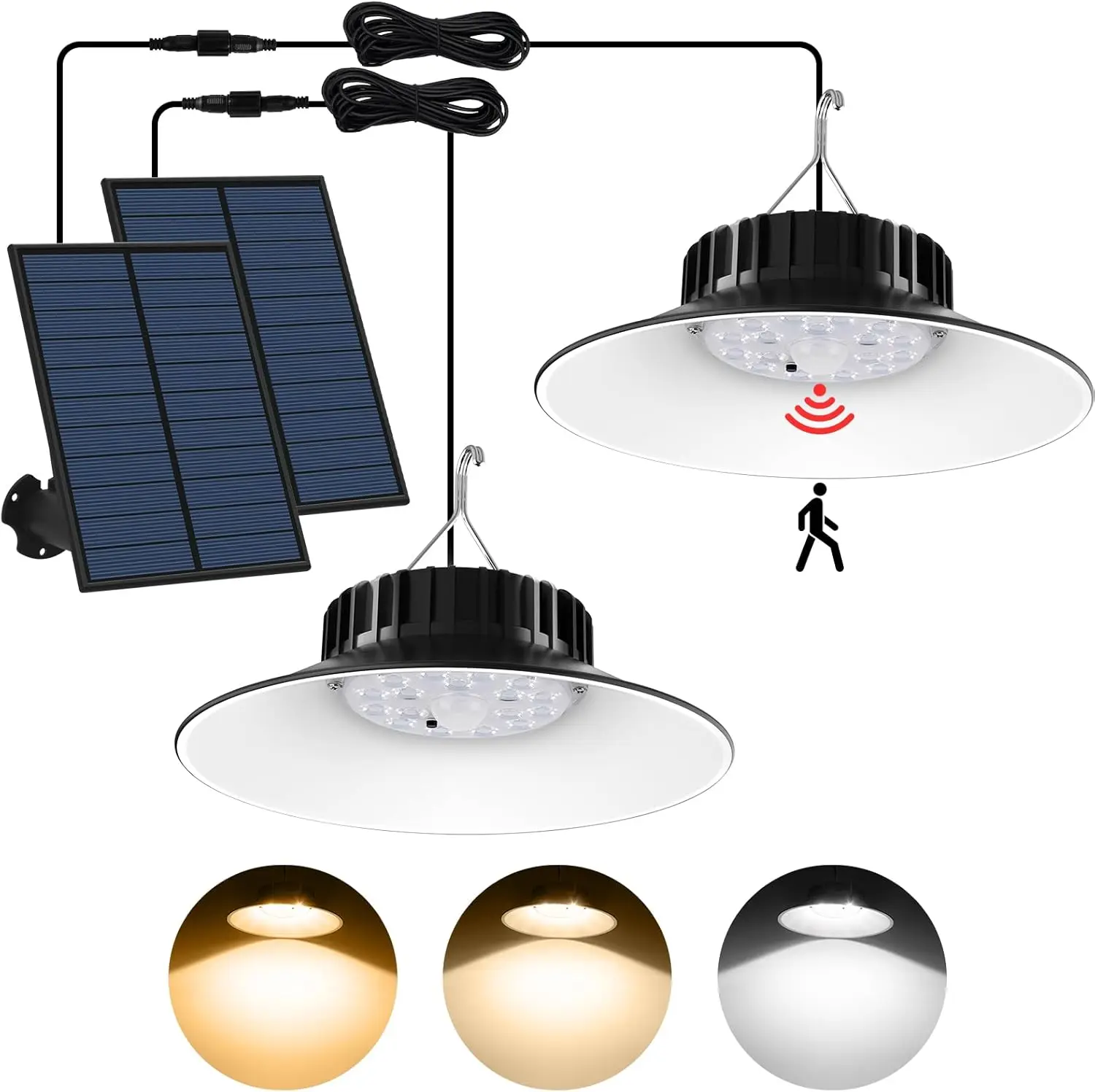 

Подвесной светильник на солнечной батарее, датчик движения в помещении, 2 шт., регулировка 3000–6000 К, водонепроницаемость IP65 для садового патио