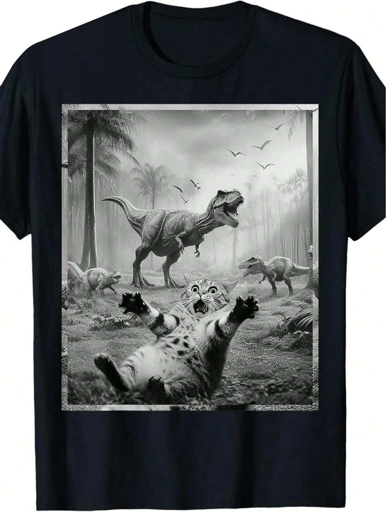 Men's Funny Cat & T-Rex Dinosaur Graphic Tee - Soft Cotton, Short Sleeve,Black Retro Style Casual Shirt For All Seasons, Everyday Clothing