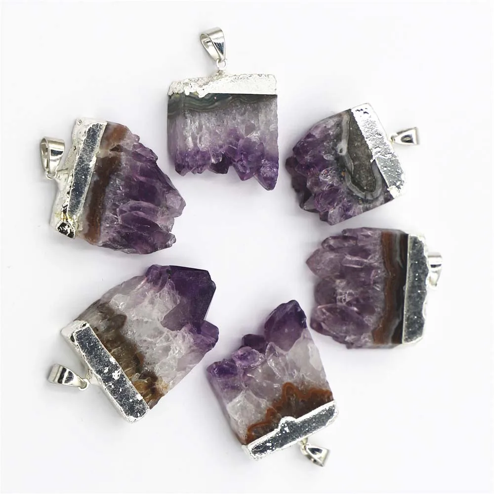 

【 Free Shipping 】 Natural Amethyst Original Stone Pendant Irregular Strip Sliced Necklace DIY Fashion Jewelry Wholesale 5Pcs/Lot