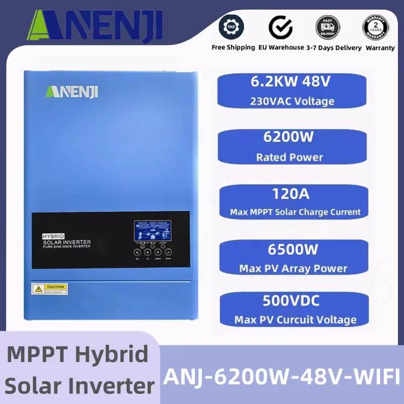 純粋な正弦波ハイブリッドソーラーインバーター,統合されたオン/オフグリッドインバーター,Mpptソーラー充電コントローラー,EU,6.2kw,48v,230v,120a