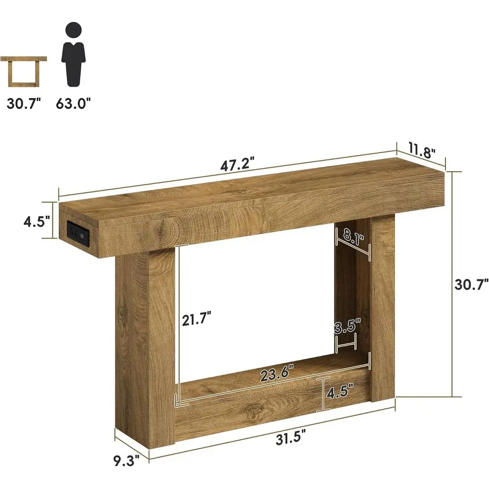 47.2 Two-Tier Entryway Table with Outlet and Sensor Light, Open Storage for Living Room/Entrance, Natural Oak Finish