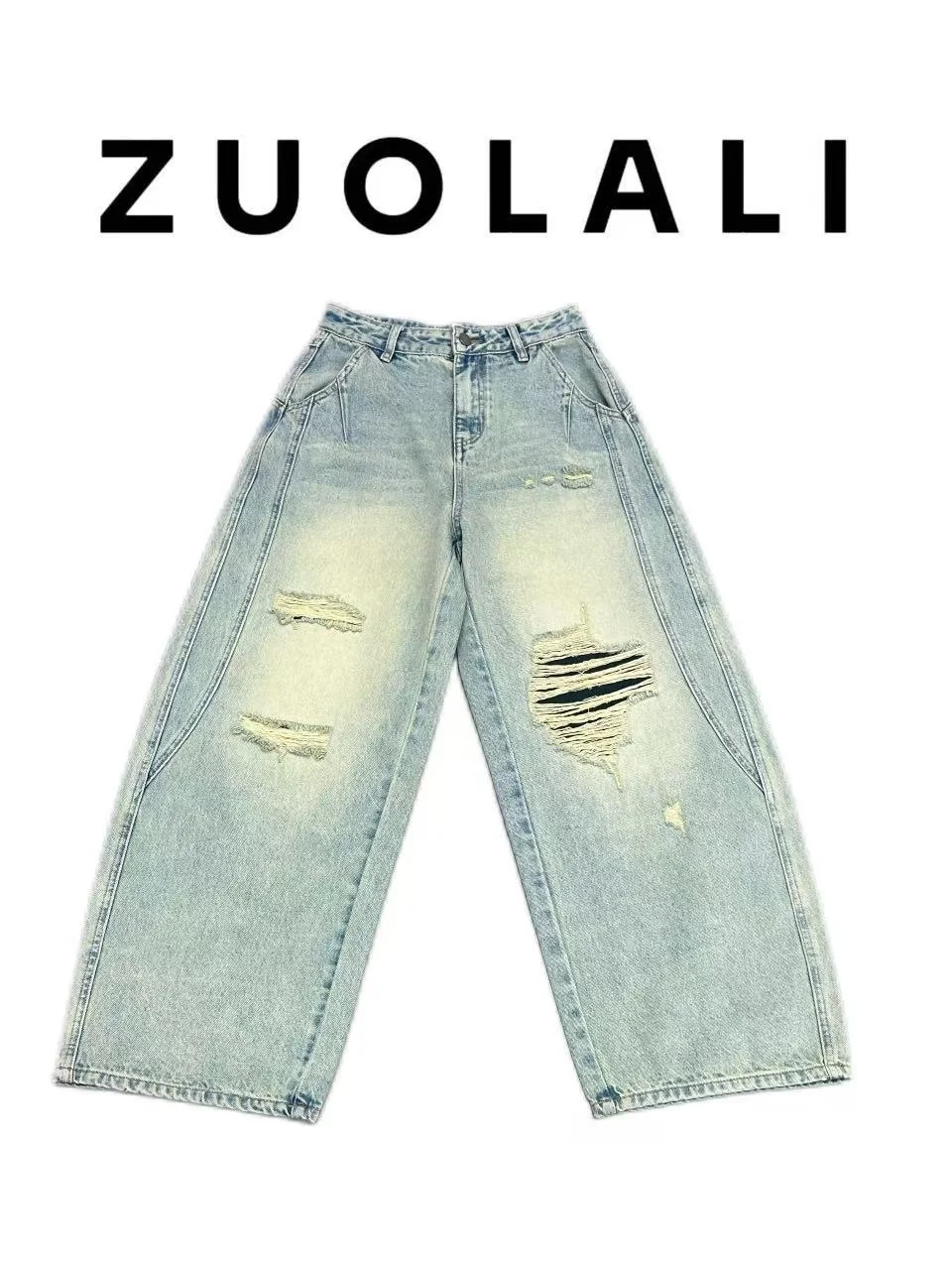 

High Waist Faux Hole Design Street Trend Series Jeans High Street Sle Cotton Wide Leg Pants American Retro Waed Outfit