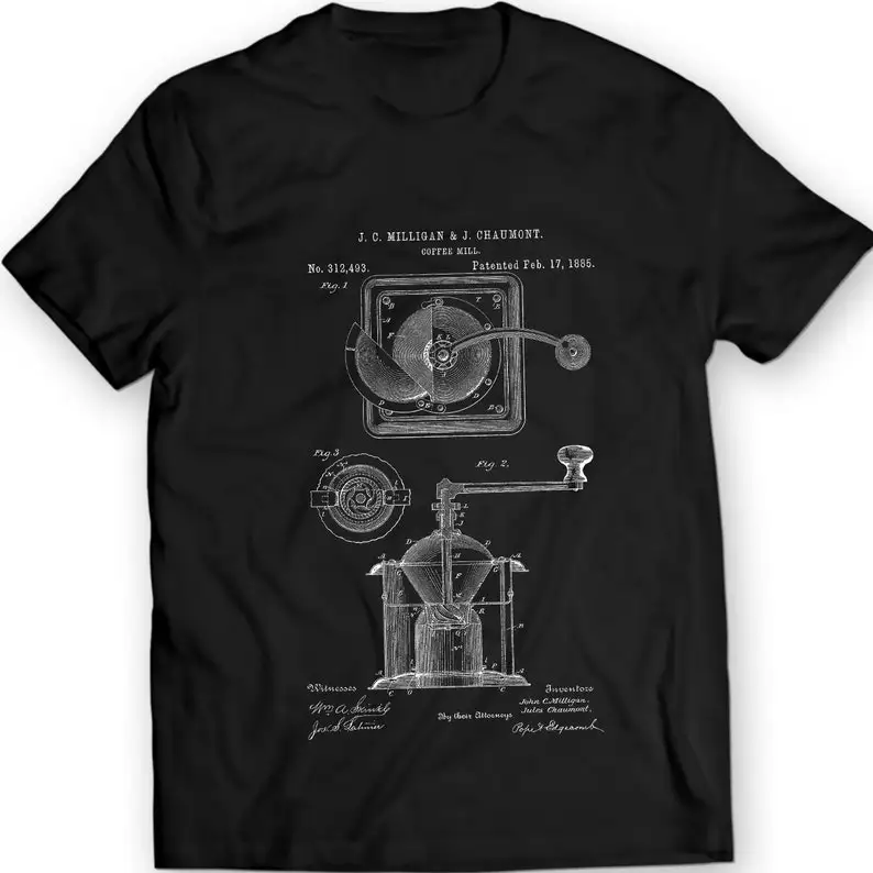 

Coffee Grinder Burr Mechanical Mill Vintage Patent Tshirt Mens Gift Idea 100% Cotton Birthday Present