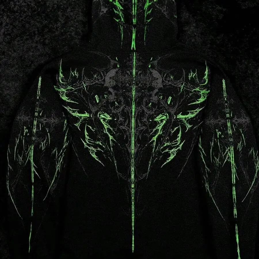 

Mens Gothic Print Full-Zip Hooded Sweatshirt Loose Fit With Pockets