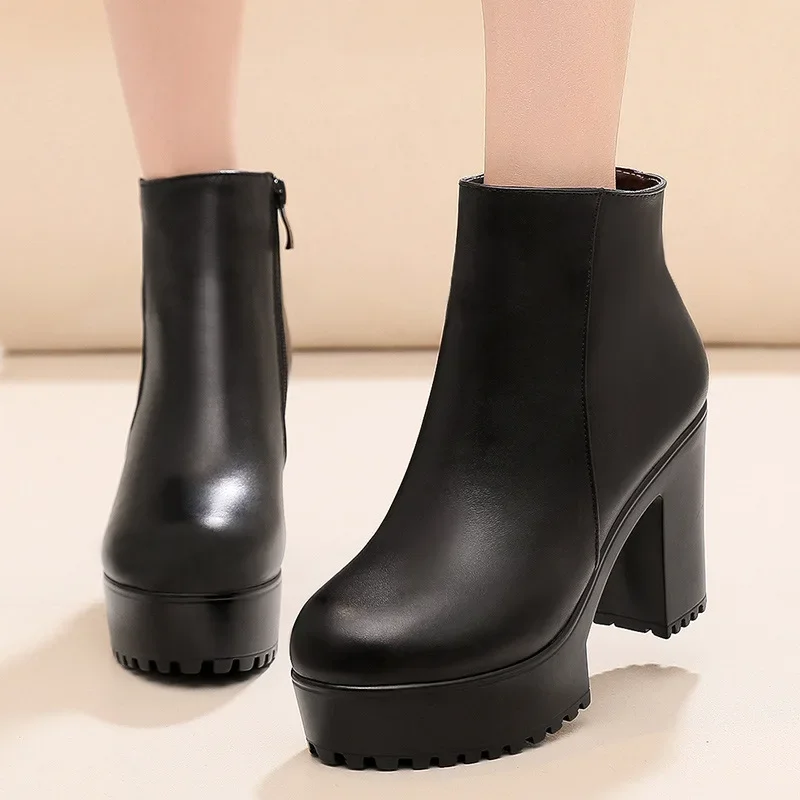 8cm 10cm Small Size 33-43 Thick Bottom Platform Shoes Ankle Boots with Fur 2024 Block High Heels Genuine Leather Boots Office