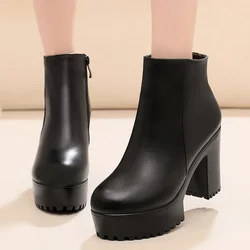 8cm 10cm Small Size 33-43 Thick Bottom Platform Shoes Ankle Boots with Fur 2024 Block High Heels Genuine Leather Boots Office