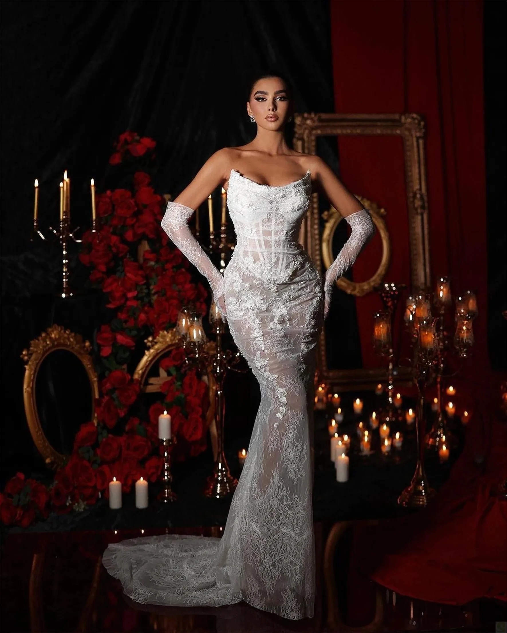 2024 New Arrival Women Sexy Strapless Lace Floor-Length Bodycon Mermaid Dress Golves Celebrate Evening Party Wedding Dress